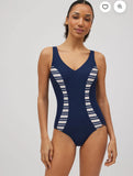 Costume da bagno modellante a righe blu scuro 82951 basic coppa B