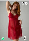 Set camicia da notte  in pizzo rosso e plumetis 10708