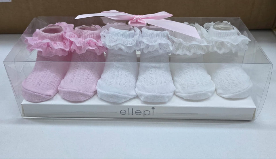 Set 3 Paia Calzini Neonato Ellepi – Cotone Morbido, Colori Rosa, Blu e Ricamato
