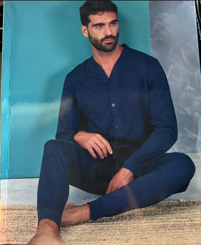 Pigiama oronero uomo tutto blu aperto cotone 100%